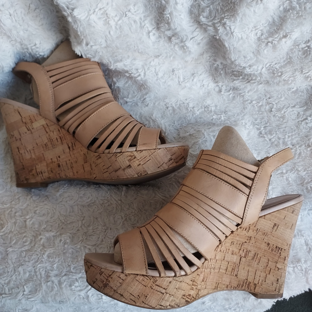 Franco Sarto Strappy Leather Tan Cork Wedge Sandals 9.5 Summer Beach Boho